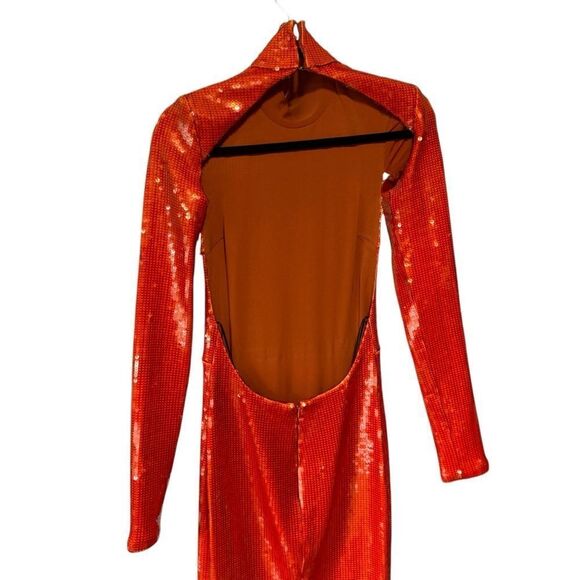 Revolve LaQuan Smith Orange Sequin Mock Neck Long Sleeve Cutout Column Gown L - Picture 8 of 10